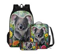Xoenoiee Set zaino con borsa per il pranzo e astuccio, set zaino per la scuola per ragazzo e ragazza, zaino casual per scuola e viaggio, Carino Koala Floreale