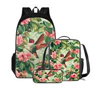 Xoenoiee Set zaino con borsa per il pranzo e astuccio, set zaino per la scuola per ragazzo e ragazza, zaino casual per scuola e viaggio, Verde colibrì floreale
