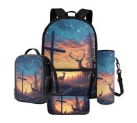 Xoenoiee Set zaino da 43,2 cm, borsa termica per il pranzo, porta bottiglie d'acqua, astuccio per matite, 4 pezzi per ragazzi, Tramonto nella foresta di cervi, Taglia unica, Set di zaini per la scuola