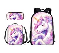 Xoenoiee Set zaino e borsa per il pranzo per bambini, borsa per la scuola, per ragazzi e ragazzi, borsa leggera 3 in 1, Unicorno rosa., Taglia unica, moderno