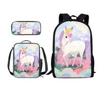 Xoenoiee Set zaino e borsa per il pranzo per bambini, borsa per la scuola, per ragazzi e ragazzi, borsa leggera 3 in 1, Adorabile unicorno, Taglia unica, moderno