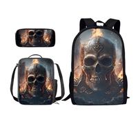 Xoenoiee Set zaino e borsa per il pranzo per bambini, borsa per la scuola, per ragazzi e ragazzi, borsa leggera 3 in 1, Teschio e fuoco, Taglia unica