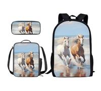 Xoenoiee Set zaino per bambini con motivo animali carini borsa per la scuola astuccio per il pranzo per ragazzi ragazze, Cavallo da corsa in, Taglia unica