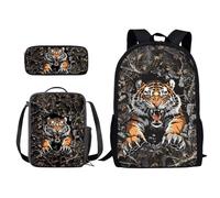Xoenoiee Set zaino per bambini con stampa a tema scuola elementare/media, borsa per libri con portapranzo e astuccio 3 in 1, Tiger Tree Camo, Taglia unica