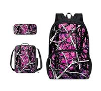 Xoenoiee Set zaino per bambini ragazzi ragazze 43,2 cm grande borsa da scuola con borsa per il pranzo astuccio astuccio 3 pezzi set materiale scolastico, Camo Foresta Rosa
