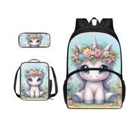Xoenoiee Set zaino per bambini ragazzi ragazze 43,2 cm grande borsa da scuola con borsa per il pranzo astuccio astuccio 3 pezzi set materiale scolastico, Grazioso unicorno floreale