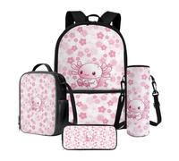 Xoenoiee Set zaino per ragazze con borsa per il pranzo, astuccio e portabottiglie per bambini, studenti, set da 4 pezzi, stampa Axolotl, Axolotl ai fiori di ciliegio, Taglia unica, Set di zaini per la