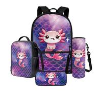 Xoenoiee Set zaino per ragazze con borsa per il pranzo, astuccio e portabottiglie per bambini, studenti, set da 4 pezzi, stampa Axolotl, Scala di pesce sirena Axolotl, Taglia unica, Set di zaini per