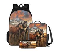 Xoenoiee Set zaino per ragazzi e ragazze con borsa per il pranzo astuccio 3 pezzi materiale scolastico 3 in 1 per studenti, Cavallo selvaggio
