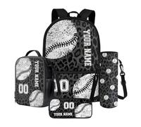 Xoenoiee Set zaino personalizzato da 17 pollici con borsa per il pranzo, custodia per penna e portabottiglie personalizzato il tuo nome e numero, Leopardo di baseball personalizzato, Taglia unica, Set