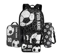 Xoenoiee Set zaino personalizzato da 17 pollici con borsa per il pranzo, custodia per penna e portabottiglie personalizzato il tuo nome e numero, Pallone da calcio personalizzato Leopard, Taglia unica