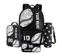 Xoenoiee Set zaino personalizzato da 17 pollici con borsa per il pranzo, custodia per penna e portabottiglie personalizzato il tuo nome e numero, Custom Baseball Nero Marmo, Taglia unica, Set di zaini