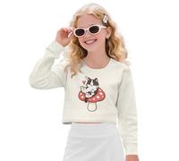Xoenoiee Top corto per ragazze Pullover a maniche lunghe per ragazze felpe corte girocollo abiti primavera autunno 5-14 anni, Gatto Fungo Bianco Crema, 5-6 Years