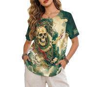 Xoenoiee Top estivo da donna a girocollo a maniche corte, camicetta ampia in lino per vacanze al mare, Teschio Drago Nuvole Verde, XXL