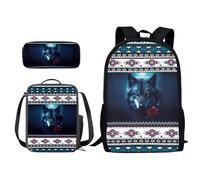 Xoenoiee Zaini per bambini per studenti scolastici, borsa per libri leggera resistente all'acqua con borsa per il pranzo e astuccio 3 in 1, Lupo della tribù azteca, Taglia unica