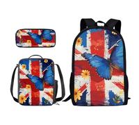 Xoenoiee Zaini per bambini per studenti scolastici, set da 3 pezzi, resistente all'acqua, con astuccio per il pranzo, Bandiera Regno Unito Farfalla Blu, Taglia unica