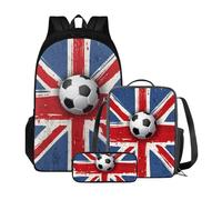 Xoenoiee Zaini per bambini, set da 3 pezzi, per scuola, zaino scolastico di grande capacità, resistente all'acqua, con borsa per il pranzo e astuccio per matite, Bandiera del Regno Unito