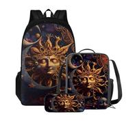 Xoenoiee Zaini per bambini, set da 3 pezzi, per scuola, zaino scolastico di grande capacità, resistente all'acqua, con borsa per il pranzo e astuccio per matite, La dea del sole