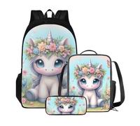 Xoenoiee Zaini per bambini, set da 3 pezzi, per scuola, zaino scolastico di grande capacità, resistente all'acqua, con borsa per il pranzo e astuccio per matite, Grazioso unicorno floreale