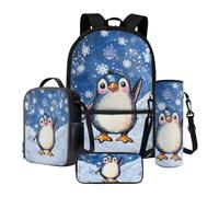 Xoenoiee Zaino di grande capienza+borsa termica per il pranzo+portabottiglie d'acqua, set da 4 pezzi per il rientro a scuola, per ragazzi e ragazze, Ghiacciaio del fiocco di neve del pinguino, Taglia