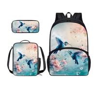 Xoenoiee Zaino e borsa per il pranzo astuccio 3 pezzi set per ragazzi ragazze borse scolastiche per studenti rientro a scuola forniture, Blu Colibrì Fiore Rosa, moderno