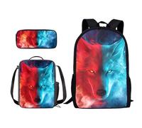 Xoenoiee Zaino per bambini per ragazzi e ragazze, borsa per il pranzo, borsa per il pranzo, 3 in 1, set da escursionismo e viaggio, Lupo Rosso Blu, Taglia unica