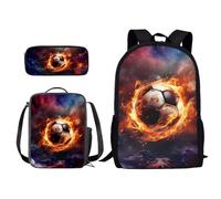 Xoenoiee Zaino per bambini per ragazzi e ragazze, borsa per il pranzo, borsa per il pranzo, 3 in 1, set da escursionismo e viaggio, Calcio galassia con fuoco, Taglia unica