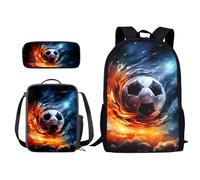 Xoenoiee Zaino per bambini per ragazzi e ragazze, borsa per il pranzo, borsa per il pranzo, 3 in 1, set da escursionismo e viaggio, Galassia Universo Fuoco Calcio, Taglia unica