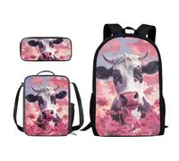 Xoenoiee Zaino per bambini per ragazzi e ragazze, borsa per il pranzo, borsa per il pranzo, astuccio 3 in 1, novità per la scuola, Fiori Rosa Mucca, Taglia unica