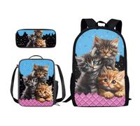 Xoenoiee Zaino per bambini per ragazzi e ragazze, borsa per il pranzo, borsa per il pranzo, astuccio 3 in 1, novità per la scuola, Dolce Gatti Carino, Taglia unica