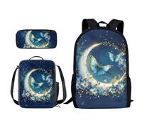 Xoenoiee Zaino per bambini per ragazzi e ragazze, borsa per il pranzo, borsa per il pranzo, astuccio 3 in 1, novità per la scuola, Luna floreale farfalla, Taglia unica