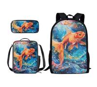 Xoenoiee Zaino per bambini per ragazzi e ragazze, borsa per il pranzo, borsa per il pranzo, astuccio 3 in 1, novità per la scuola, Pesce koi, Taglia unica