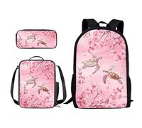 Xoenoiee Zaino per bambini per ragazzi e ragazze, borsa per il pranzo, borsa per il pranzo, astuccio 3 in 1, novità per la scuola, Tartaruga e fiori rosa, Taglia unica