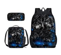 Xoenoiee Zaino scolastico, borsa per il pranzo e astuccio, set da 3 pezzi, per ragazzi e ragazze, grandi zaini per la scuola per studenti, Bandiera dei Lupi e degli Stati Uniti