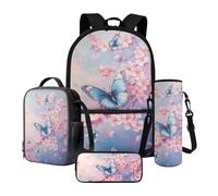 Xoenoiee Zaino scolastico per bambini, confezione da 4 pezzi, con scatola termica per il pranzo, borsa per bottiglia d'acqua, astuccio per matite per il rientro a scuola, Fiori Di Ciliegio Rosa