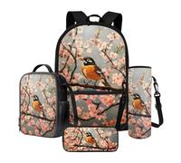 Xoenoiee Zaino scolastico per bambini, confezione da 4 pezzi, con scatola termica per il pranzo, borsa per bottiglia d'acqua, astuccio per matite per il rientro a scuola, American Robin Cherry Blossom