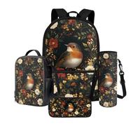 Xoenoiee Zaino scolastico per bambini, confezione da 4 pezzi, con scatola termica per il pranzo, borsa per bottiglia d'acqua, astuccio per matite per il rientro a scuola, American Robin Bird Floreale