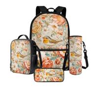 Xoenoiee Zaino scolastico per bambini, confezione da 4 pezzi, con scatola termica per il pranzo, borsa per bottiglia d'acqua, astuccio per matite per il rientro a scuola, American Robin Rose Floreale