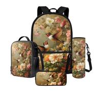 Xoenoiee Zaino scolastico per bambini, confezione da 4 pezzi, con scatola termica per il pranzo, borsa per bottiglia d'acqua, astuccio per matite per il rientro a scuola, Fiori di colibrì e rosa