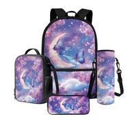 Xoenoiee Zaino scolastico per bambini, confezione da 4 pezzi, con scatola termica per il pranzo, borsa per bottiglia d'acqua, astuccio per matite per il rientro a scuola, Fiori di ciliegio con luna e