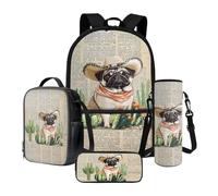 Xoenoiee Zaino scolastico per ragazzi e ragazze, 4 pezzi, con contenitore termico per il pranzo, borsa per bottiglia d'acqua, astuccio per bambini per il rientro a scuola, Giornale Cactus Pug Dog