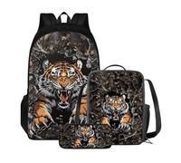Xoenoiee Zaino Set 3 Pezzi Leggero Teen Ragazze Ragazzi Zaino+Borsa Pranzo+Astuccio Matita Studenti Rientro a Scuola, Tiger Tree Camo