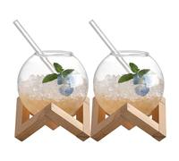 Xoeryoy Bicchieri da Acquario per Bevande, Set di 2 Tazze di Vetro sferiche con Supporto in Legno e cannucce, Bicchieri in Vetro Trasparente da 16 Once per tè Freddo, succhi di Frutta, Cocktail