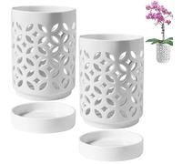 Xoeryoy Vaso per Orchidee Naturali, 2 vasi per Orchidee in Ceramica Bianca, vasi per Naturali, Porta Bacchette con Motivo a Moneta Cava con Doppio drenaggio, Organizer da Cucina Multiuso e fior
