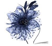 XOKL Fascinator per Matrimoni, Fascinator Blu Navy per Matrimonio Cappello da Donna Fascinator da Festa del tè Maglia Fiore Piuma Perline Clip Fascia per Capelli Cocktail Party Copricapo (Blu Navy)