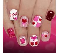 Xonojun 24 unghie finte corte quadrate rosa e bianco per San Valentino, design con cuore rosa, ciliegia carina e parola d'amore, manicure fatta in casa semplice, idea regalo di San Valentino
