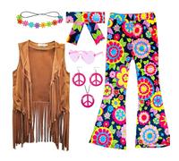 XonyiCos 8 pezzi per ragazze e bambine, costume hippie anni '60 e '70, con frange, gilet e pantaloni a campana, set di accessori (fiore, 9-10 anni)