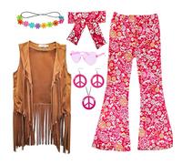 XonyiCos 8 pezzi per ragazze e bambine, costume hippie anni '60 e '70, con frange, gilet e pantaloni a campana, set di accessori (marrone, 9-10 anni)