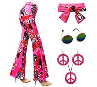 XonyiCos Costume da donna anni '60 anni '70, accessorio hippie per costume da donna, pantaloni svasati, pantaloni da yoga, per feste di Halloween, cosplay (rosa, L)