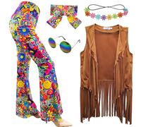 XonyiCos Costume da hippie anni '60 anni '70, da discoteca, con frange, boho, accessori per la pace, Halloween, per donne, costume di carnevale (Brown, L)